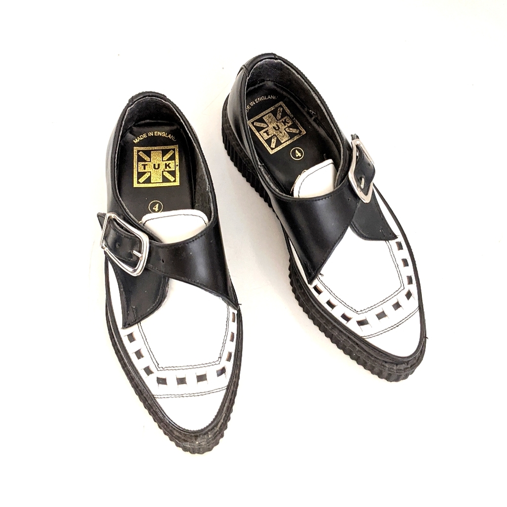 TUK Black & White Leather Creeper Monk Strap Shoes